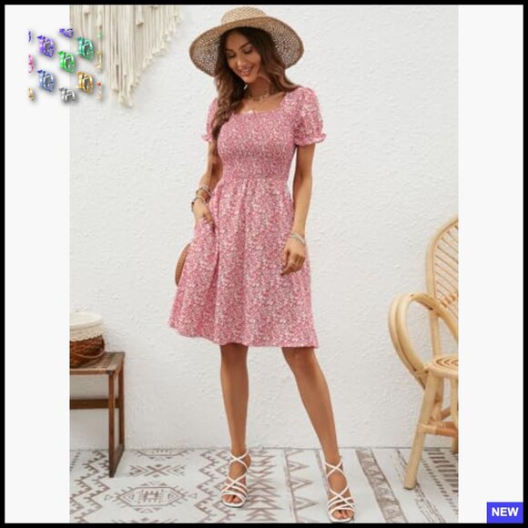 Flowy A-Line Mini Dress with Pockets Smocked Boho Casual Summer Sundress - Picture 5 of 7